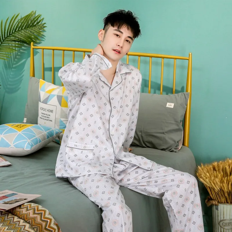 Conjuntos de pijama xadrez casual masculino, terno pijama masculino, manga comprida, gola virada para baixo, roupas de casa 100% algodão, primavera, outono