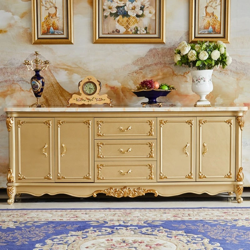 Marble European side cabinet, champagne gold sofa back cabinet, dining room wall partition locker
