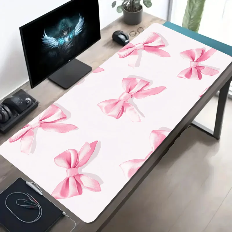 Pink Bow Pattern Extra Large Gaming Mouse Pad Non-Slip Rubber Base Desk Mat for Office Workspace Decor Long Tablemat
