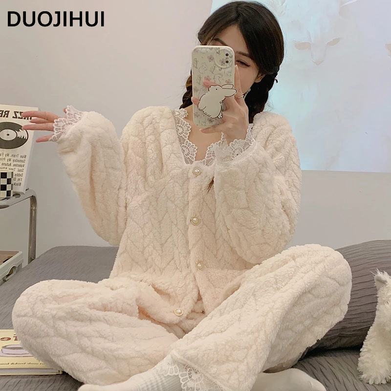 DUOJIHUI Winter Flannel Single Breasted Fashion Top Female Sleepwear Set Simple Loose Casual Pants Chic Lace Pajamas for Women