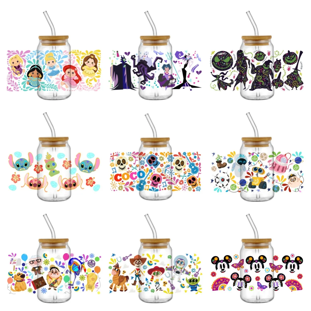 مختلط الكرتون الشارات مقاوم للماء ثلاثية الأبعاد نقل UV DTF ملصقات 16 أوقية Libbey نظارات UV DTF كأس يلتف لتقوم بها بنفسك هدية