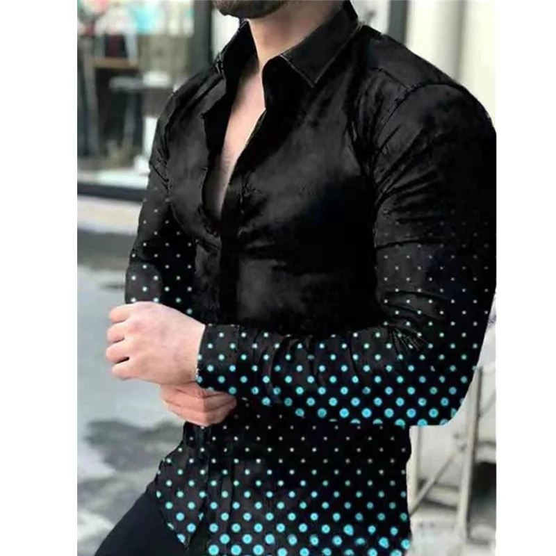 Camisa de manga larga para hombre, camisa informal, versátil, de calle, con solapa, de un solo pecho, geométrica regular