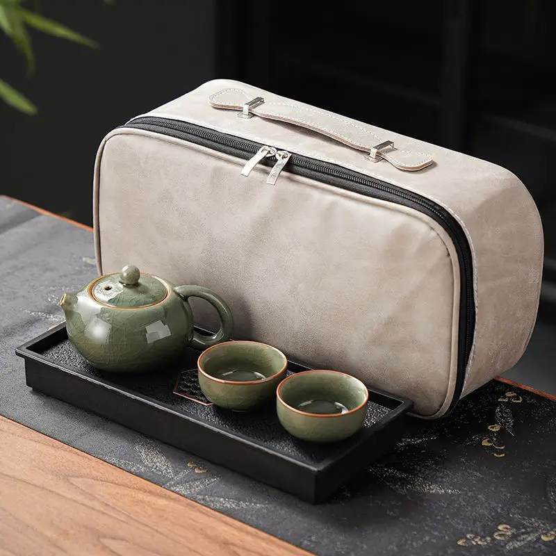 

Ge Kiln Travel Tea Set Outdoor Portable One Pot Two Cups Light Luxury High-end Ceramic Teapot Teacups Tea Tray