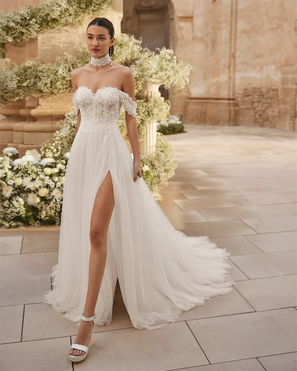 

Customized Sexy Ivory Organza Wedding Dress Boho Sweetheart Off the Shoulder Bridal Gowns Soft A-Line Court Train Robe de mariée