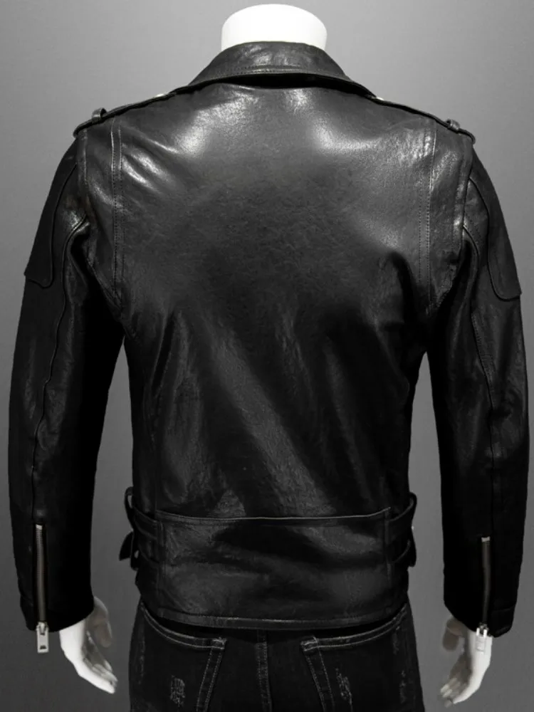 Street Punk Style Genuine Leather Jacket Men Turn-Down Collar Slim Black Short Coat Zipper Mens Sheepskin Motorcycle Jackets