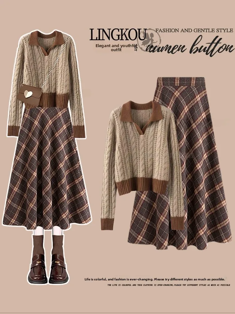 

Retro Large Size Knitted Sweater And Plaid Skirt Set for Women Autumn Winter High Waist V Neck Two Piece Fashion Set