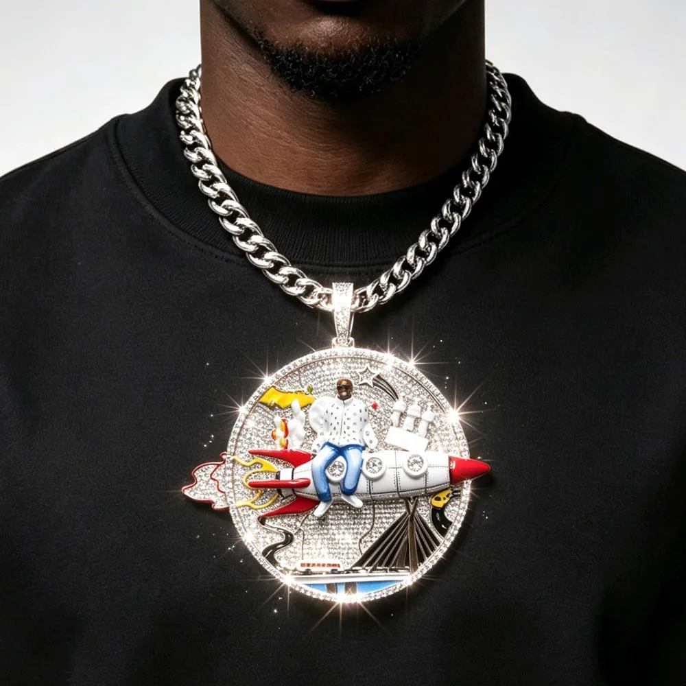 Full Diamond 3D Rocket Necklace Pendant Hip-hop White Airplane Iced Out 5A CZ Men Rapper Jewelry Gift Cuban Chain Accessories
