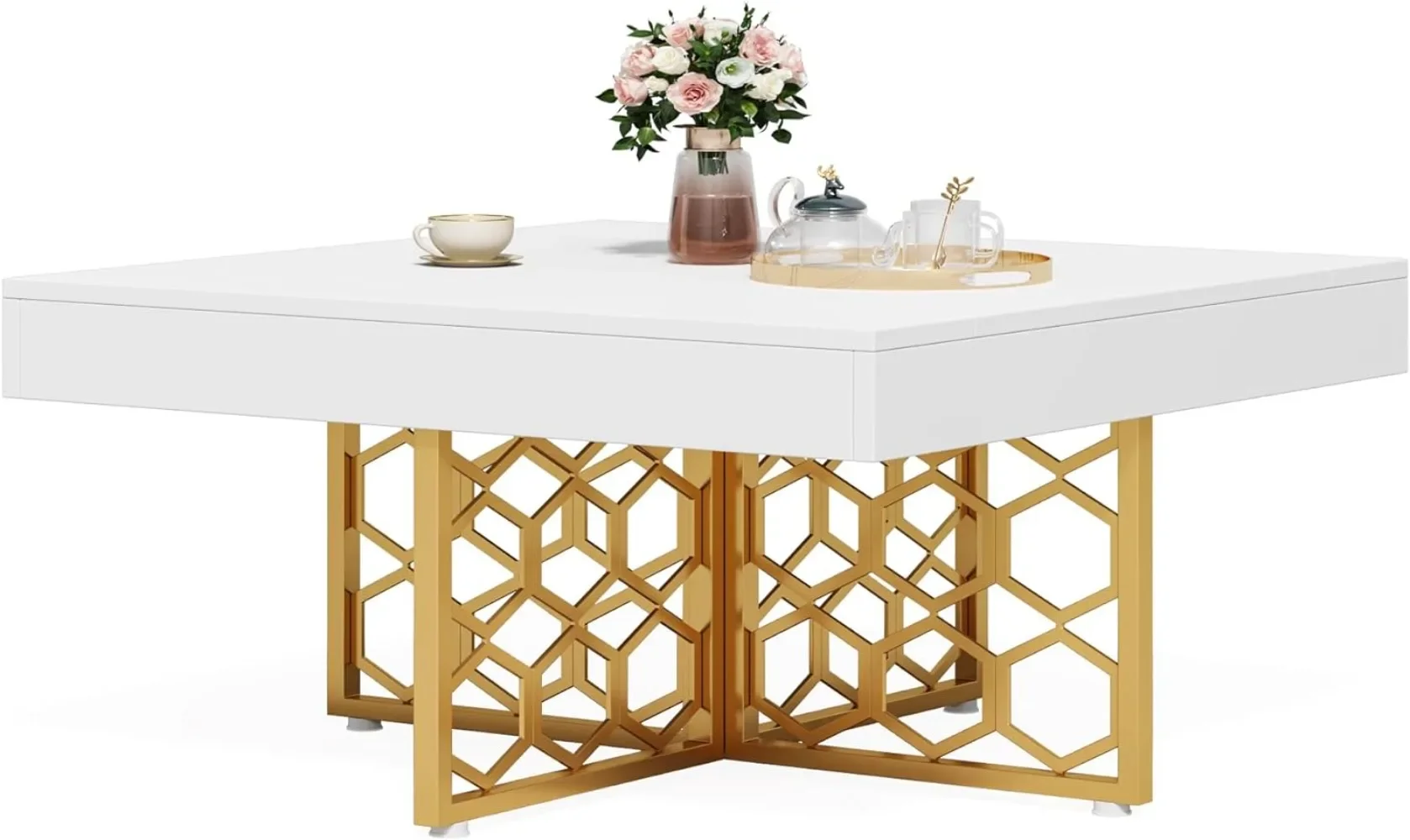 

35 InchSquare Coffee Table Modern Coffee Table White Tea Table with Golden Metal Frame for Living Room, White Glod