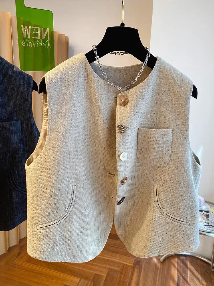 

SuperAen Women's Spring and Summer 2026 New Korean Style Loose Casual Coat Jacket Fashion Sleeveless O-neck Simple Tops