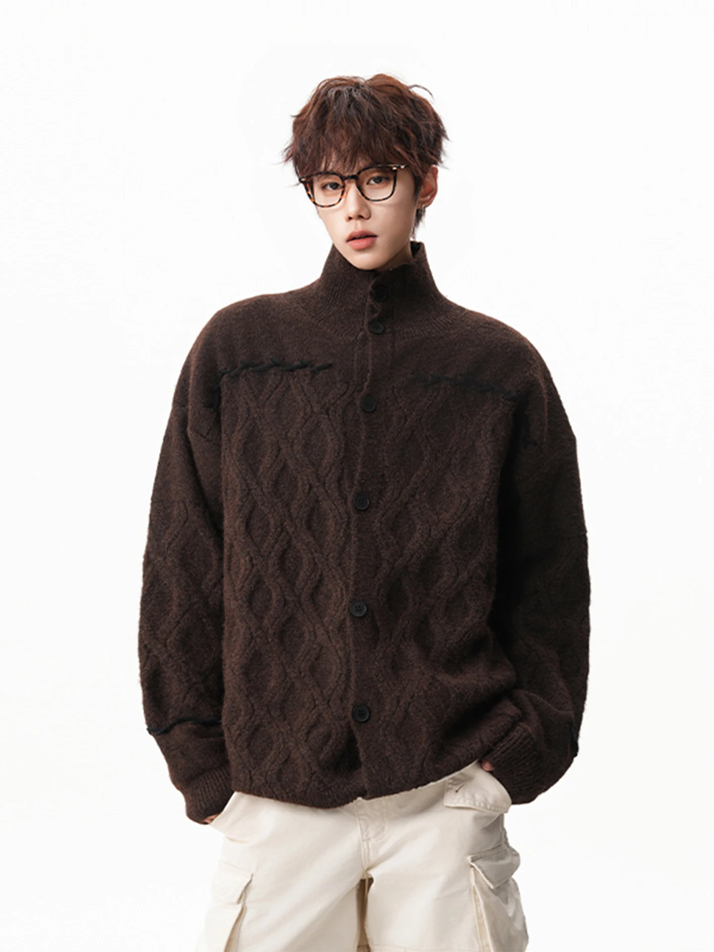 الخريف الشتاء خمر الماس نمط تصميم بدوره إلى أسفل طوق رمادي فاتح سترة الرجال فضفاضة سميكة عادية سترة مشغولة من الصوف #2