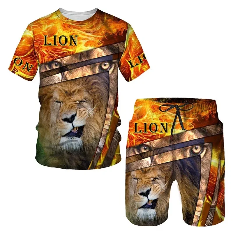 Camiseta de manga corta y pantalones cortos para hombre, traje de dos piezas, Tops divertidos con estampado de León, moda Hip Hop Harajuku, conjuntos de gran tamaño para niños de verano