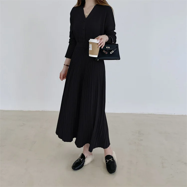 HLBCBG Elegant Winter long Sweater dress women Long sleeve OL lady Thick A-Line dress Female Jumper V neck slim knit dress