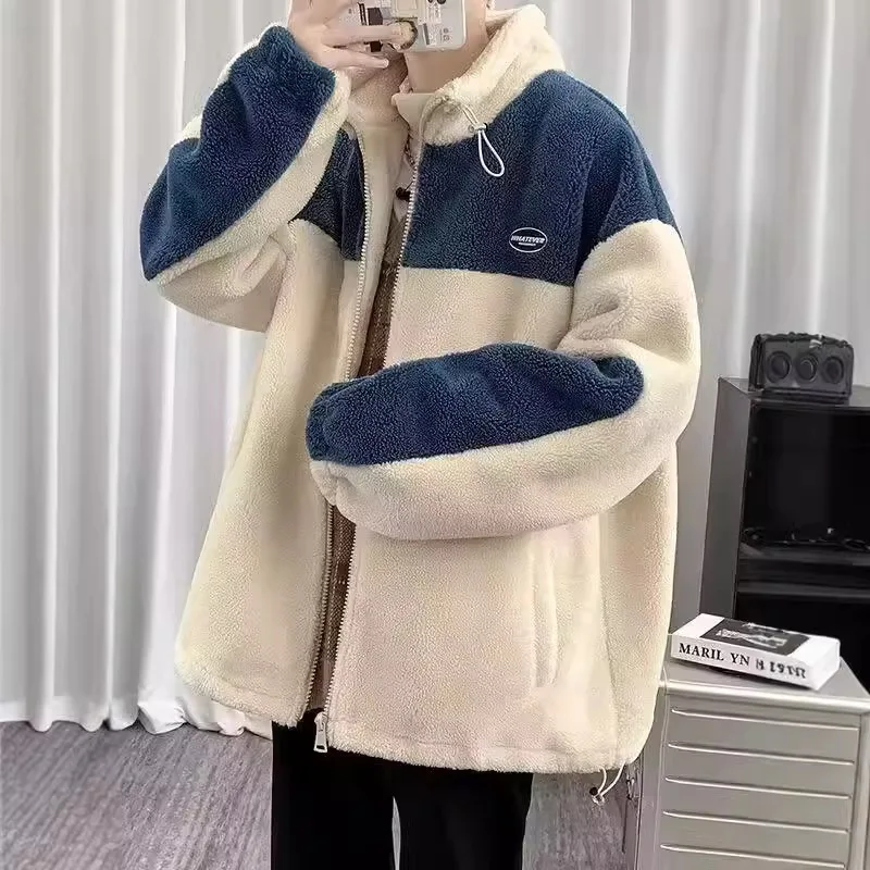 

Qingdao Jimo Men's Hoodie Lamb Velvet Jaet Thiened Warm Cotton Coat Winter Outerwear Long Sve Zipper Closure Color