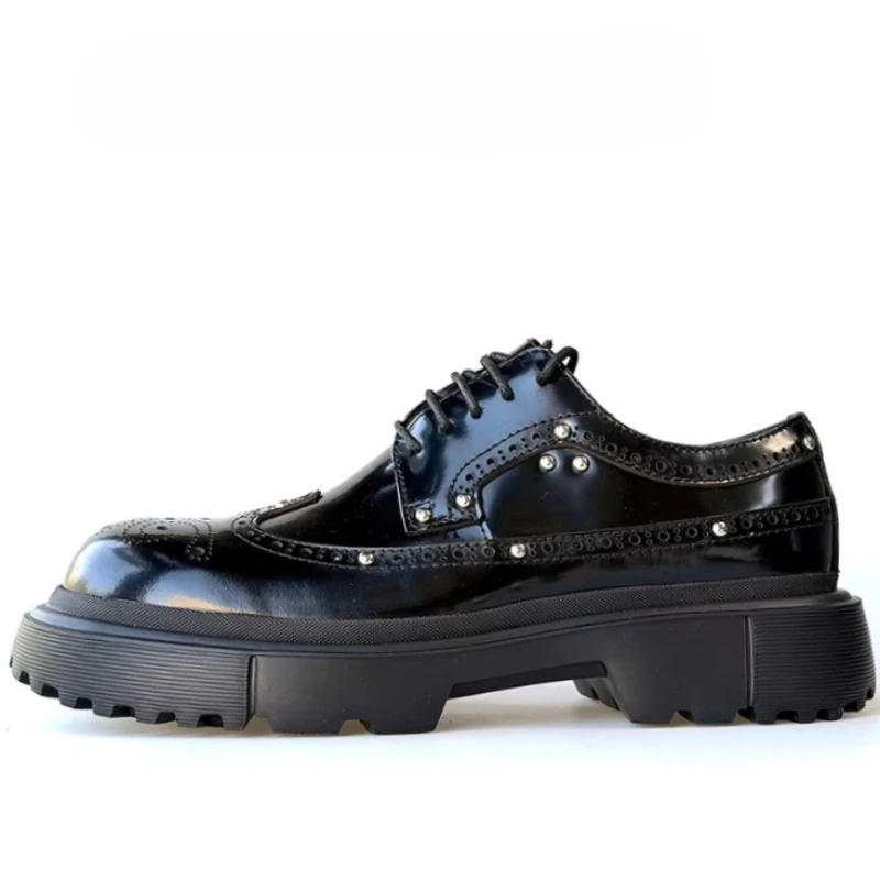 Genuine Leather Rivets Engraved Derby Shoes for Men's Dress Shoes Commuting Comfortable Breathable Casual Height-increasing Shoe