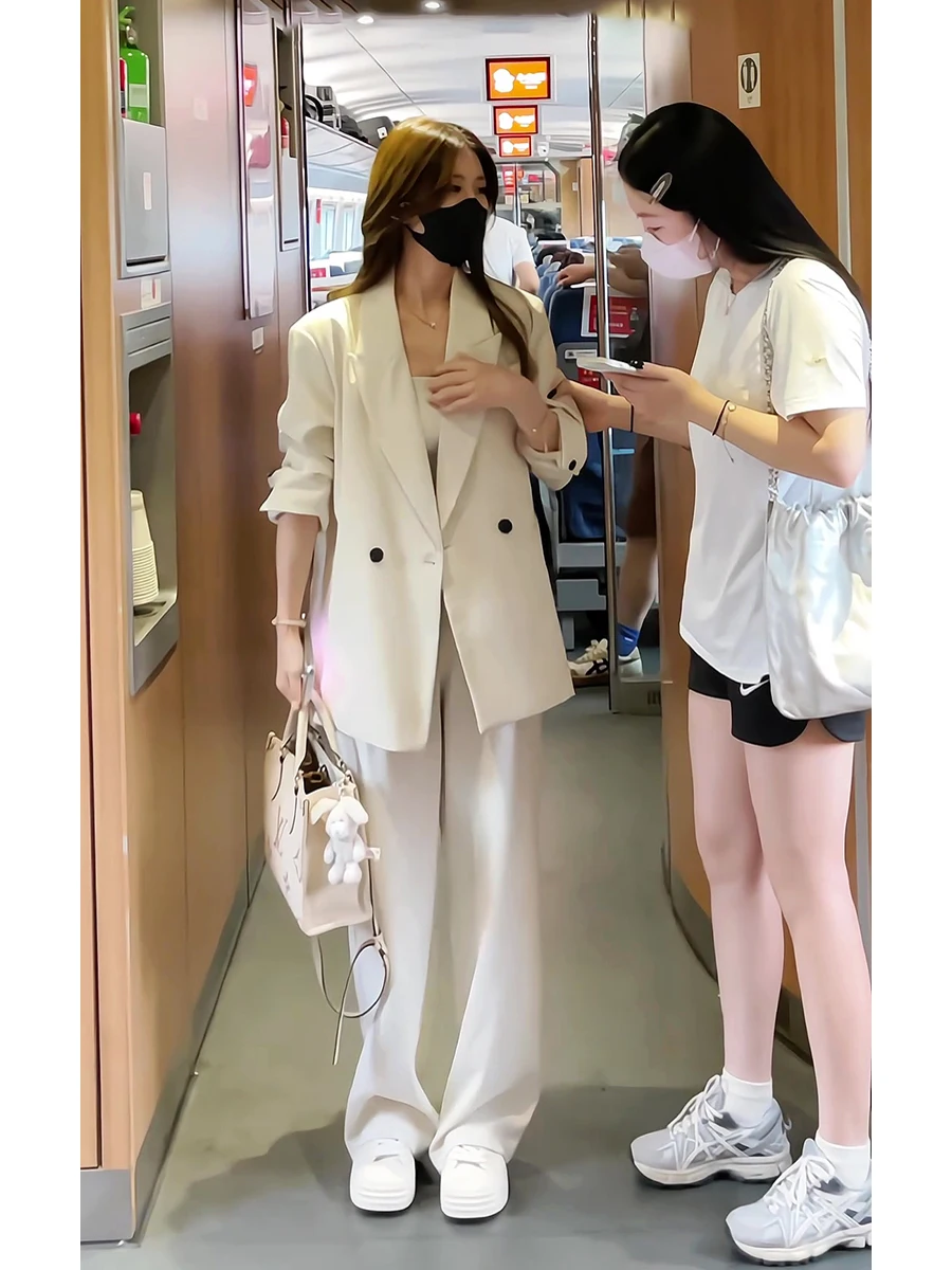 

Elegant Professional Women's Suit Set High Waist Wide Leg Pants Two Piece Set Fashionable Spring Autumn New Arrival
