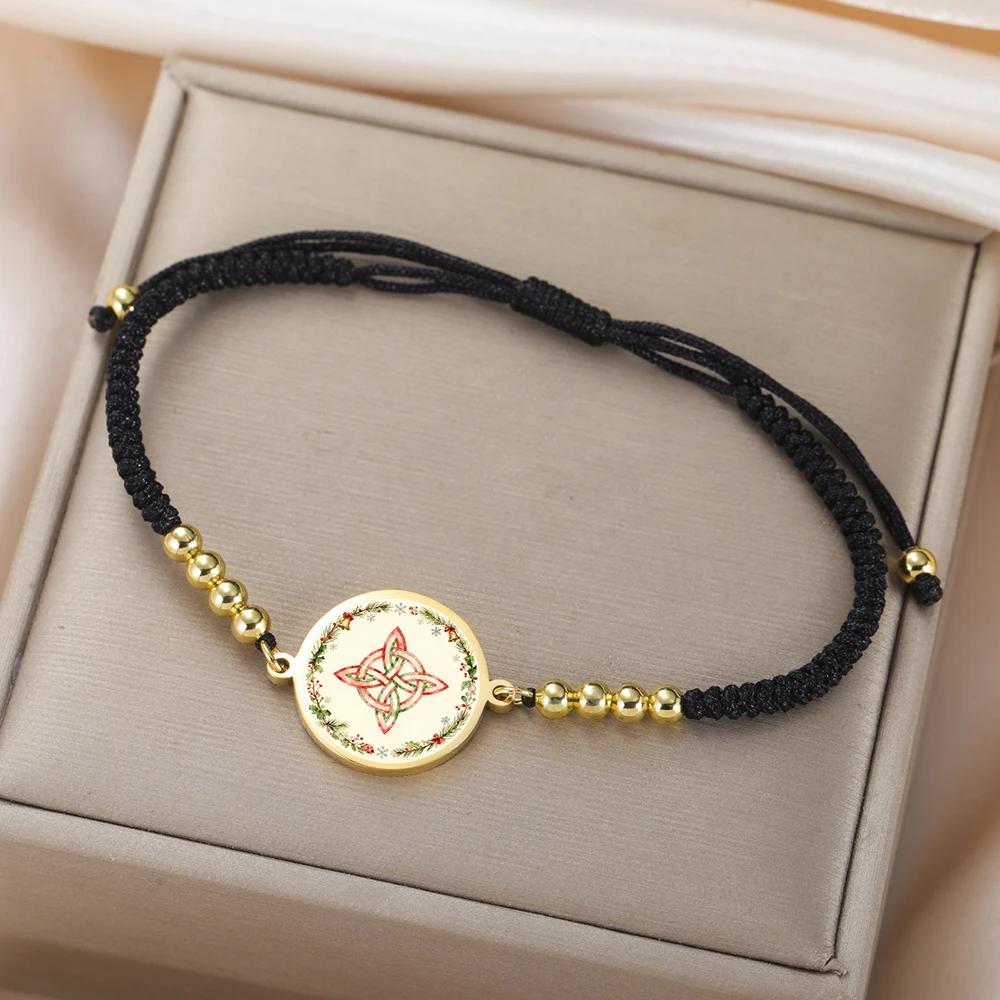 Dawapara Witch Knot and Christmas Wreath Women Bracelet Adjustable Rope Chain Stainless Steel Charm Wicca Jewelry New Year Gift