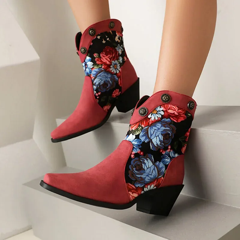 Phoentin Flower Print Ankle Boots Women Wedge Heels 2024 Autumn Slip On Retro Female Shoes 6cm Heel Plus Size 45 46 47 FT3717