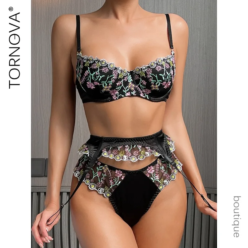 

Tornova Erotic Lingerie Floral Embroidery Fresh Patchwork Bodyshaping Plunge Seductive Women Sexy Delicate IntimateUnderwear Set
