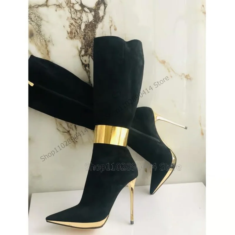 Gold Circle Decor Black Pointy Toe Metal Heel Boots Side Zipper Women Shoes Thin High Heels Sexy Runway 2023 Zapatos Para Mujere