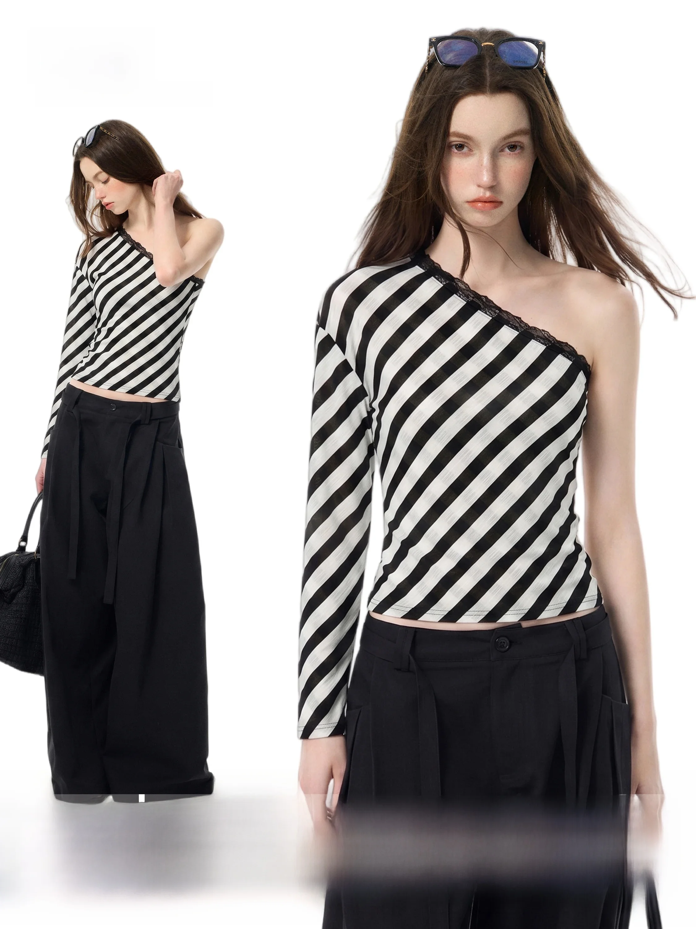 Summer Women's Long Sleeve T-Shirt Striped Shoulder Bared Sun Protection Lace  Design Short Top Korean Style Commute Fashion