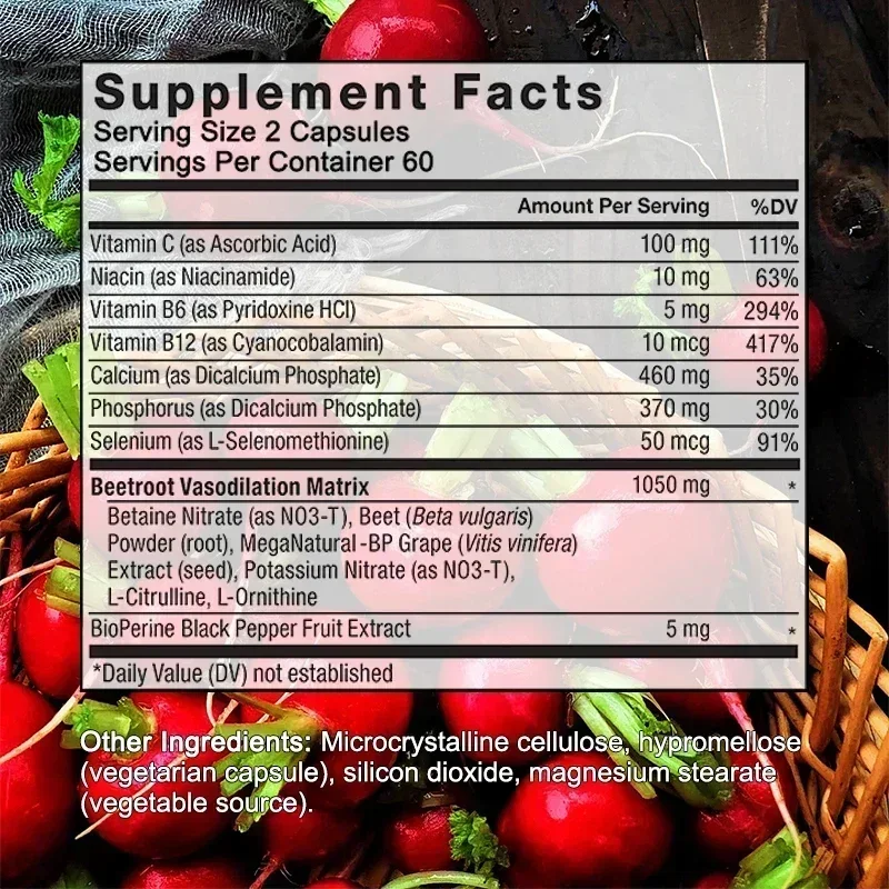 Beetroot Capsules Organic Beetroot Powder Extract + Black Pepper Nitric Oxide Production Blood Circulation Blood Pressure Health