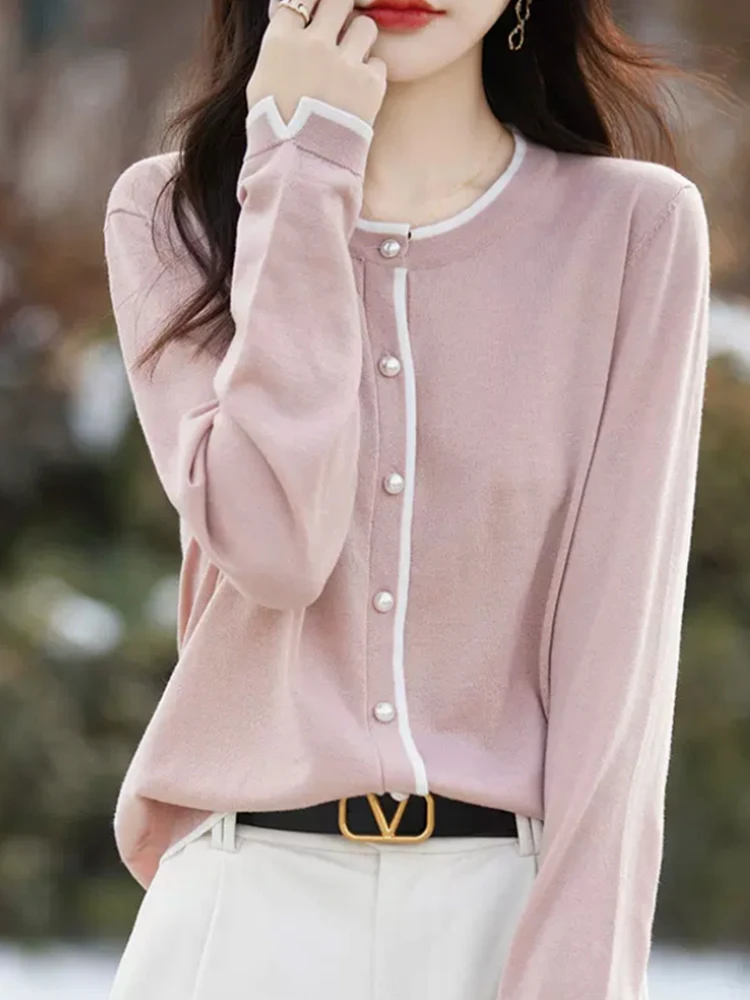 

Ele Knitted Long Sve round Ne Open Cardigan Women's Base irt Color Blo Versatile Age Reduction Trendy Commute Sle