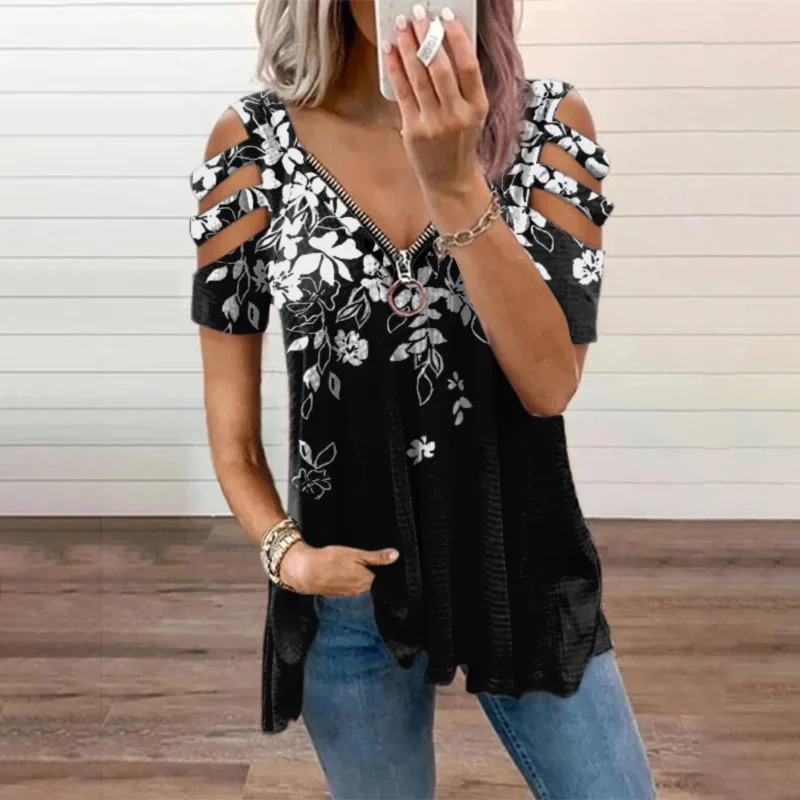 

Sexy V Neck Off Shoulder T-shirt Blouse Office Lady Spring Summer Fashion Casual Floral Print Short Sleeve Shirts For Women 2023