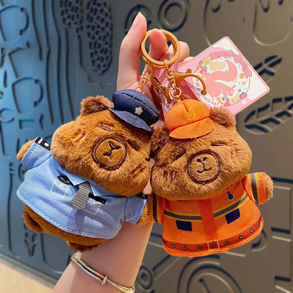 Police Chef Firefighter Capybara Plush Keychain Pendant Soft Stuffed Fluffy Doll Cartoon Keyring Bag Hanging Backpack Decor