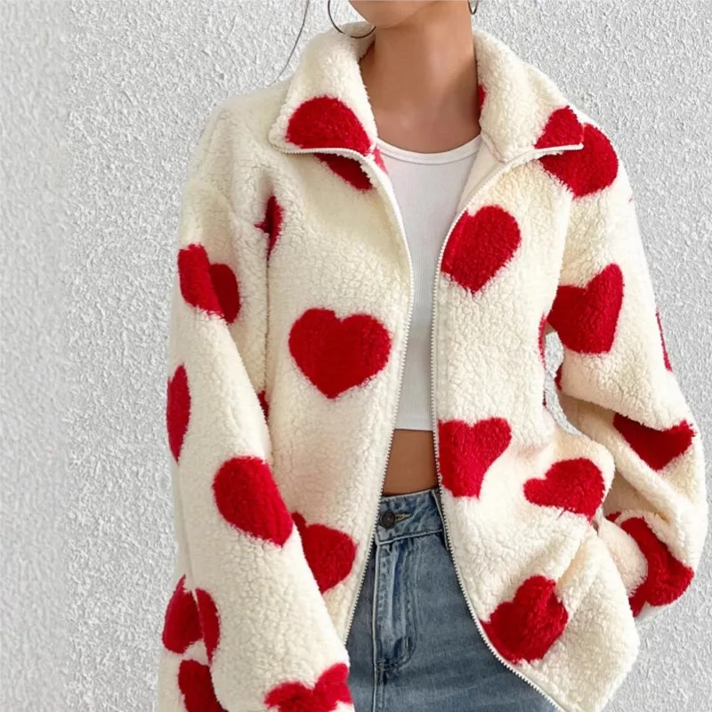 

New Autumn Winter Heart-shaped Printed Loose Plush Zipper Cardigan Jacket Long Sleeved High Collar Warm Streetwear Outerwear