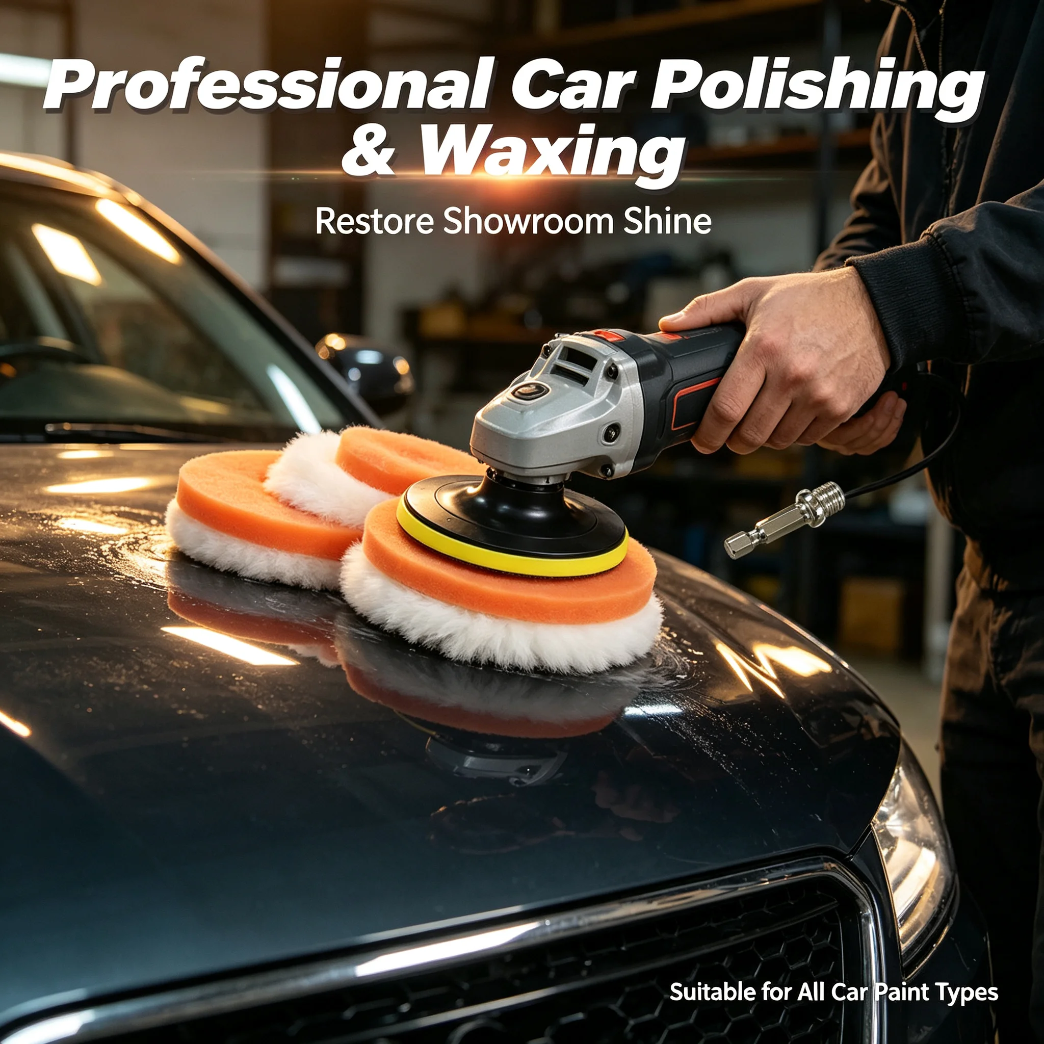 6 PCS Car Polishing Pad Kit 3-7Inch Sponge Wool Buffing Waxing Pads with M10 M14 Adapter for Drill Angle Grinder Auto Paint Care