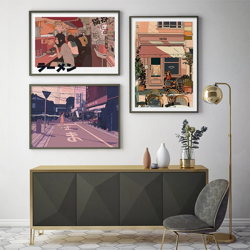 Vintage Japanese Abstract Cartoon Canvas Painting Oversized Wall Art Pictures Poster and Modern Print for Living Room Home Decor