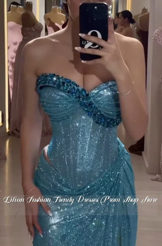 Robe de soirée personnalisée du moyen-orient, bleu saphir, Corset sans bretelles, fente latérale, robe de bal glamour et scintillante