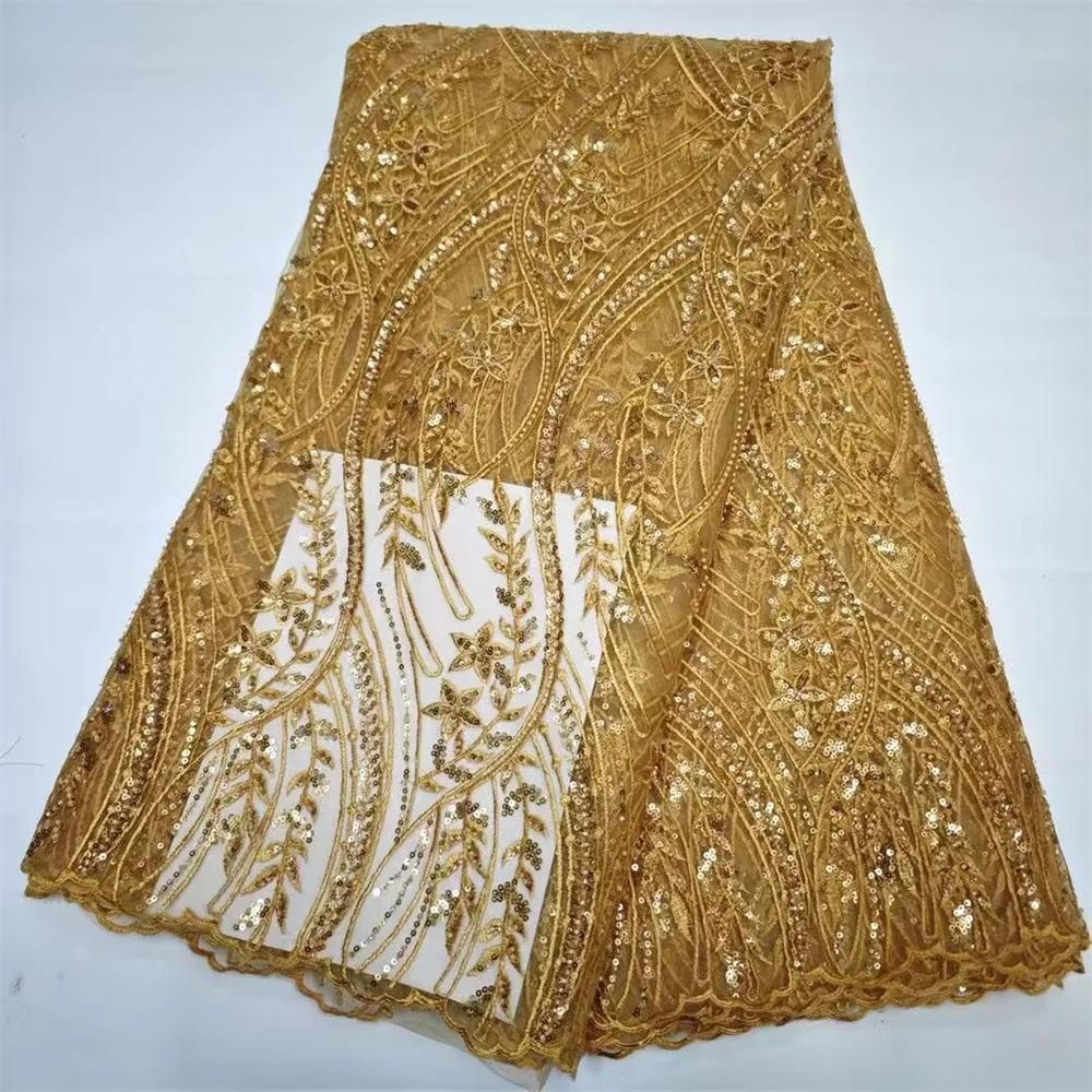 5Yards African Gold Tulle Mesh Lace Fabric With Sequins French Net Material Nigerian Tissu Africain Dentelle For Dress DN2