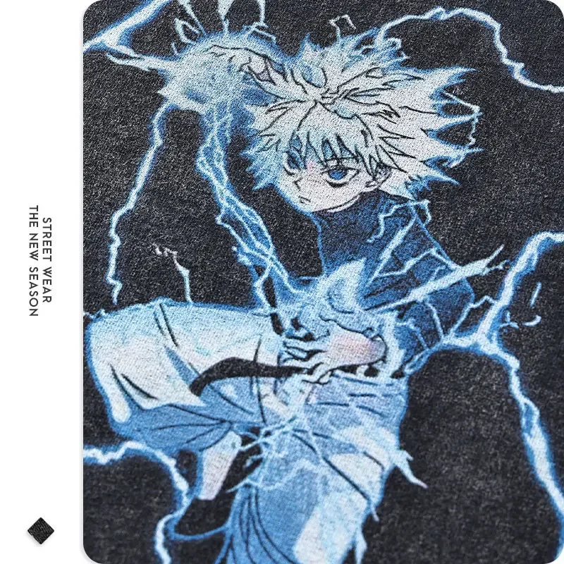 Killua Zoldyck Tops Tees Men Vintage Washed Anime T Shirts Retro Manga y2k Short Sleeve Oversized Retro Phantom Troupe T-shirt