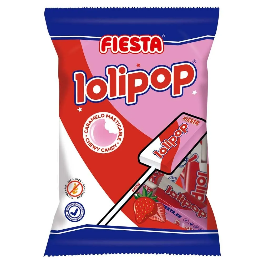 Lolipop Fresa Fiesta caja  con 15 bolsas de 4 unidades de 12 gramos Raíz Inicio Gominolas y Caramelos 48536