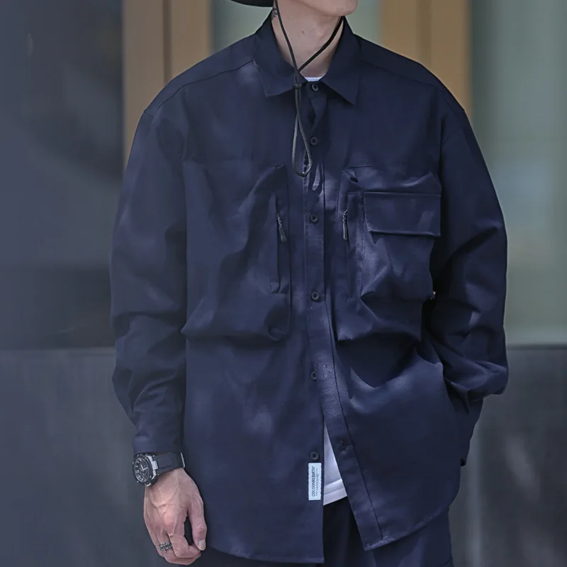 Spring Autumn Japanese Cargo Shirt Men's Loose City Boy Functional Long Sleeve Top