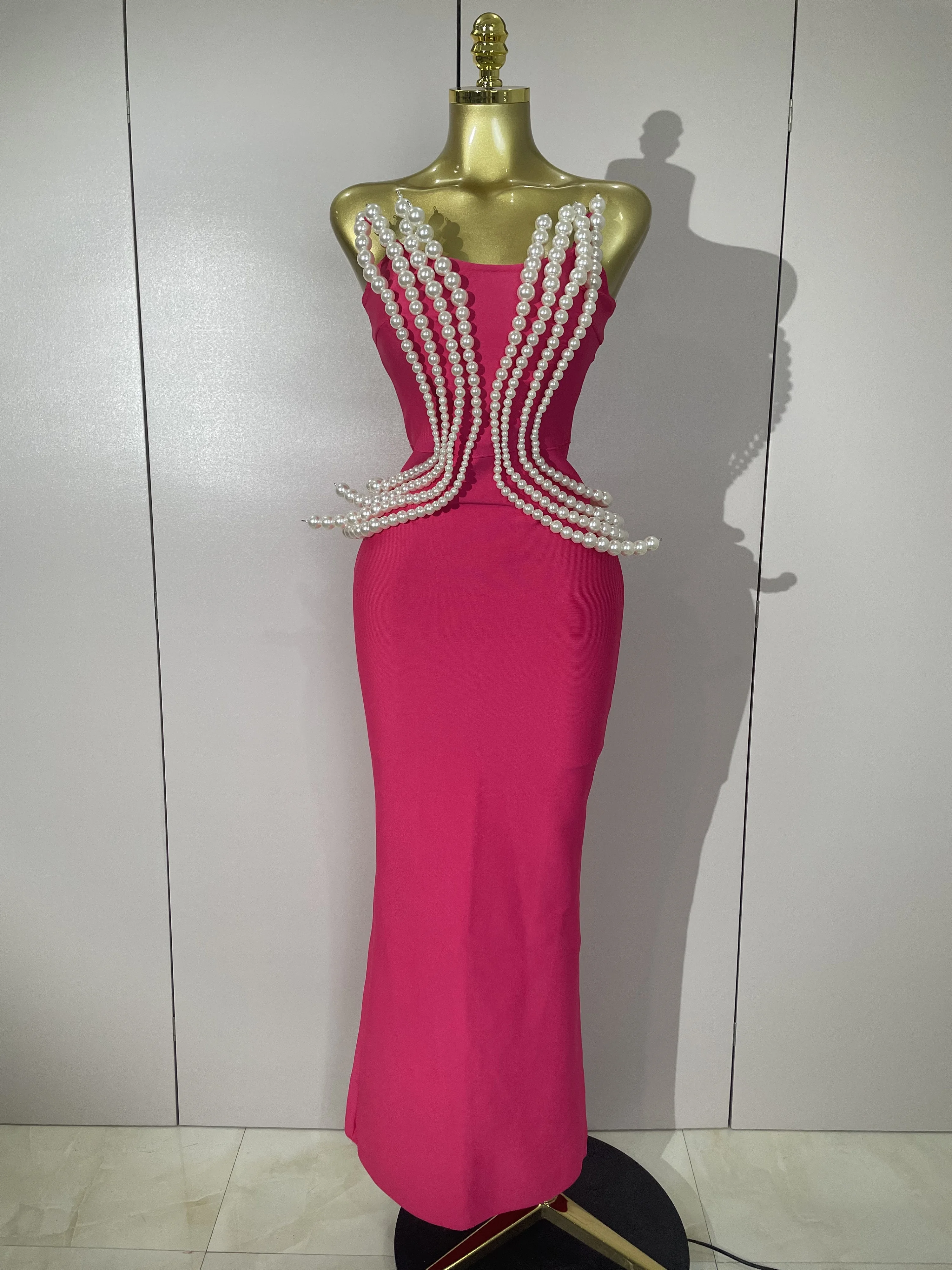 

Elegant Sexy Strapless Pearl Beading Bodycon Long Bandage Dress 2025 New Women Fashion Evening Party Luxury Birthday Dresses