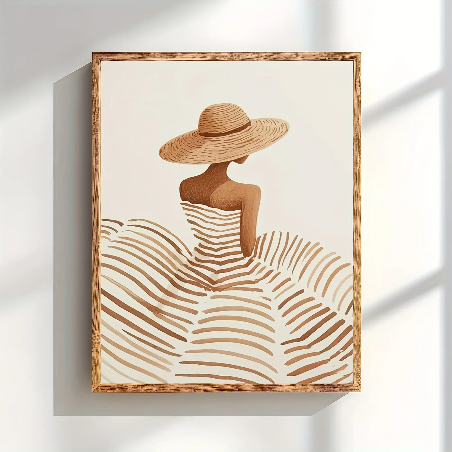 (No frame)1pc Minimalist Woman with Sun Hat Canvas Poster, Frameless Neutral Bohemian Beige Wall Art Print for Bedroom, Livin