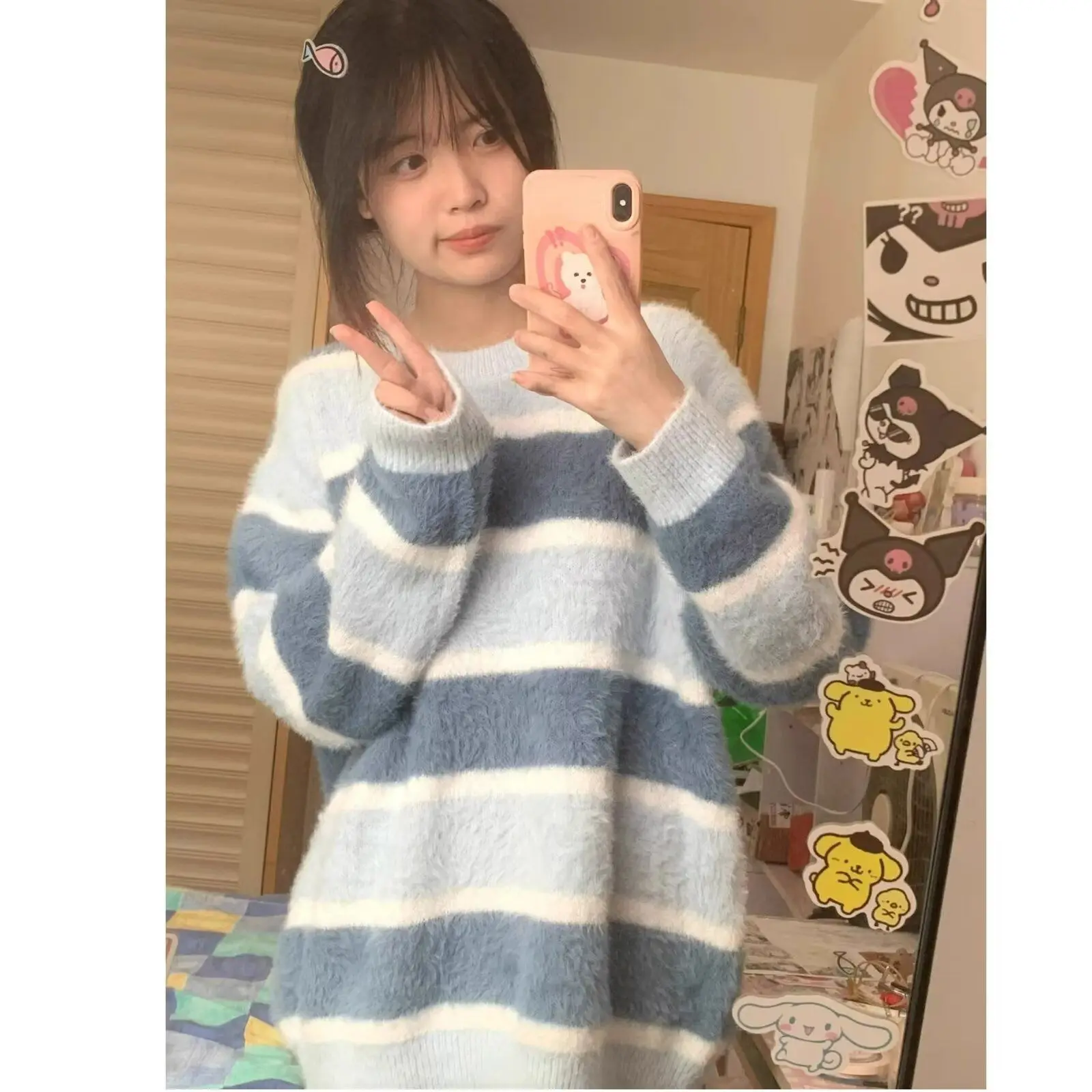 

Японский колледж Sle Color Blo Stripe круглый атласный норковый свитер для женщин милая маленькая девочка мягкий уютный антивозрастной свитер