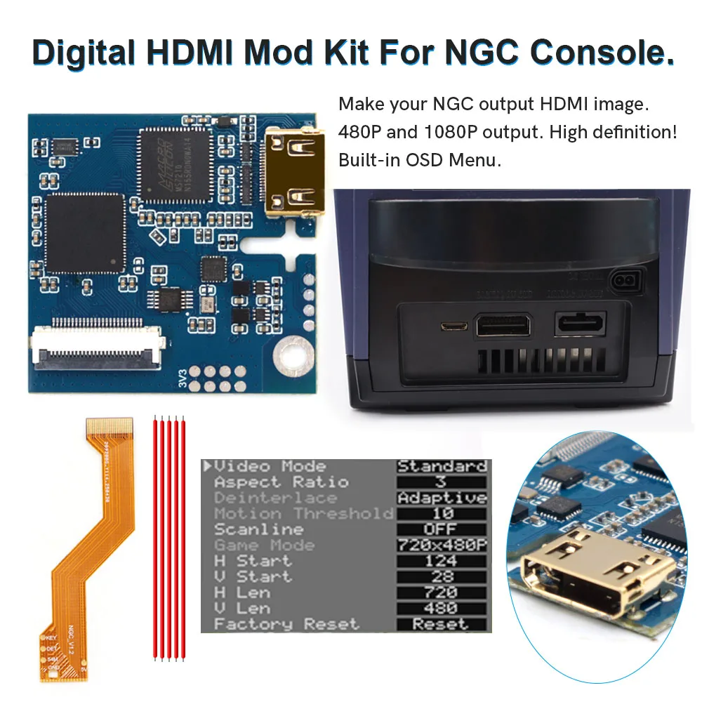 HISPEEDIDO 1080P 내장형 디지털 고화질 NGC HDMI TV 키트 (게임큐브 콘솔 게임 비디오 HDMI PCB 모드, OSD 메뉴 포함)