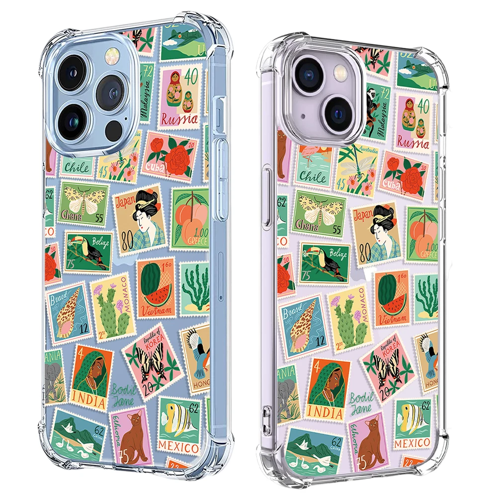 Shockproof Phone Case For iPhone 15 14 13 12 11 Pro X XS XR Max 7 8 Plus SE Stamp Stickers Fruit Animals Soft Clear TPU Cover