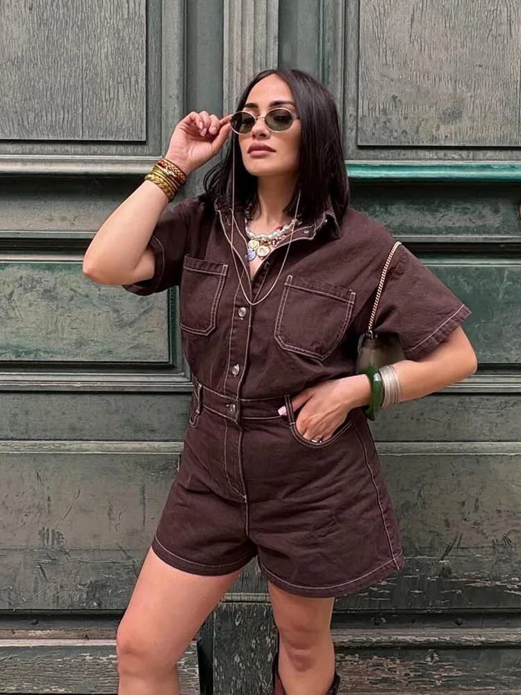 HH Women Fashion Lapel Single-Breasted Pocket Decorate Short Sleeve Jumpsuits Female Slim Casual Zipper Ones-Piece Shorts