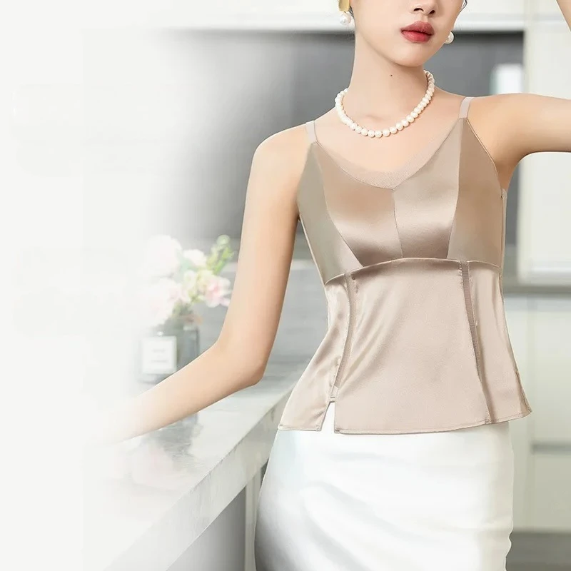 Women's Luxury Lace & Mulberry Silk Blend Camisole Top Triangle Cup, Breathable Stay- Fashion Back Design Elegant Style