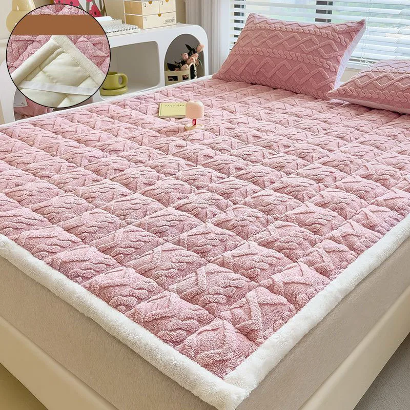 Winter Thicken Mattress Pad Soft Warm Plush Cozy Velvet Fitted Sheet Double Bedspread Bed Linens for Household Bedroom Decor