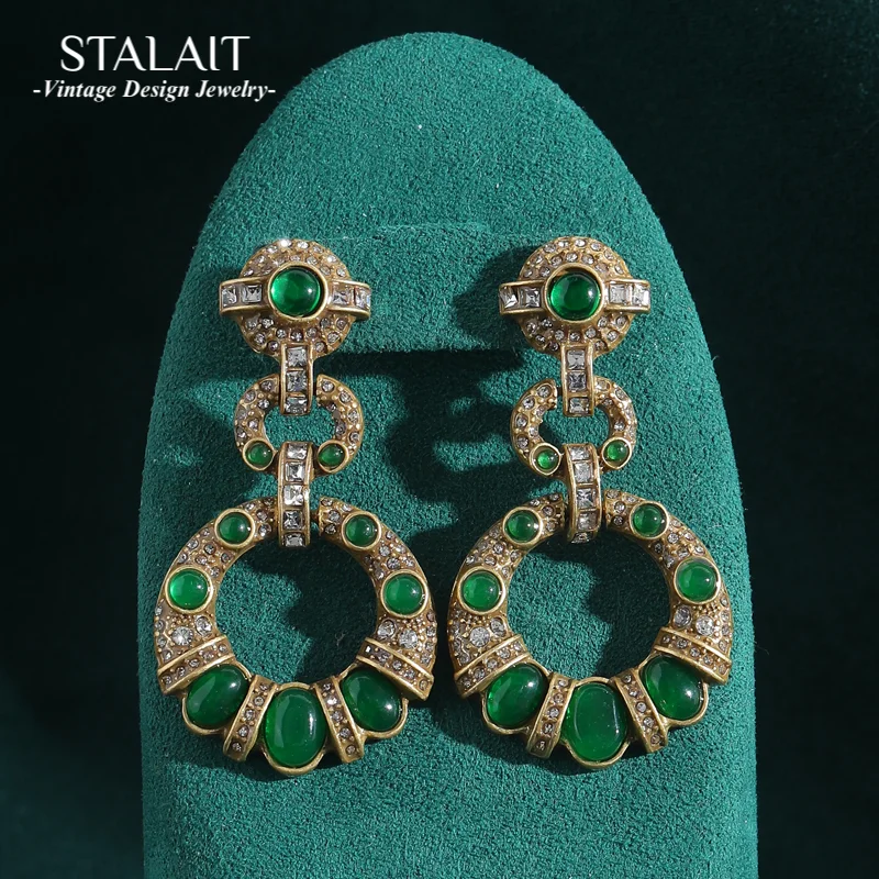 

Emerald Green Stone Drop Dangle Earring For Woman Vintage Antique Gold Color Circle Statement Quality Luxury Designer Jewelry