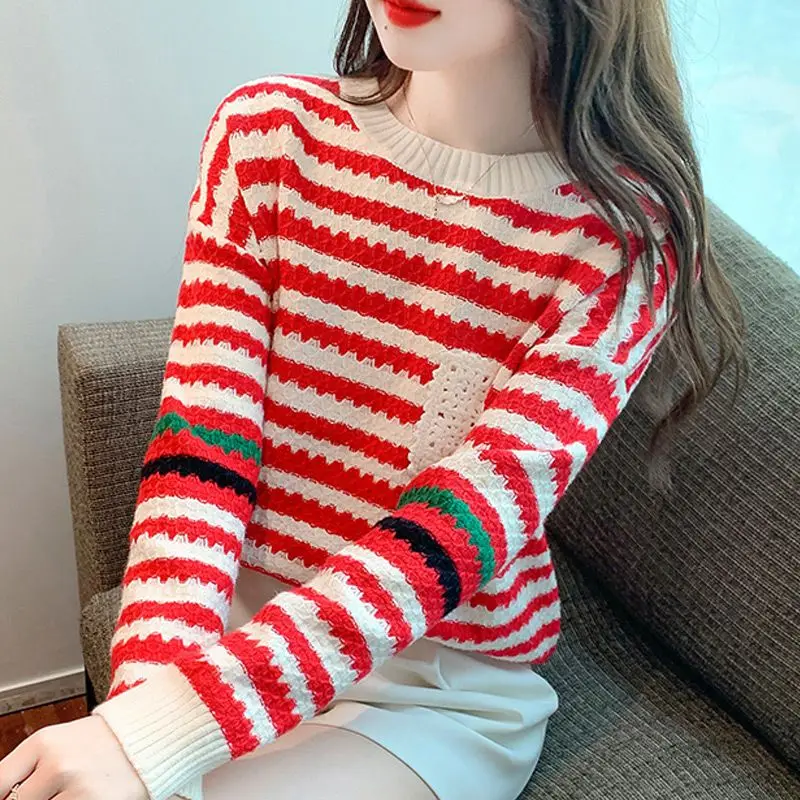 Spring Autumn Fashion Round Neck Long Sleeve Striped Pullovers Women\'s Clothing Casual All-match Knitting Korean Simplicity Tops