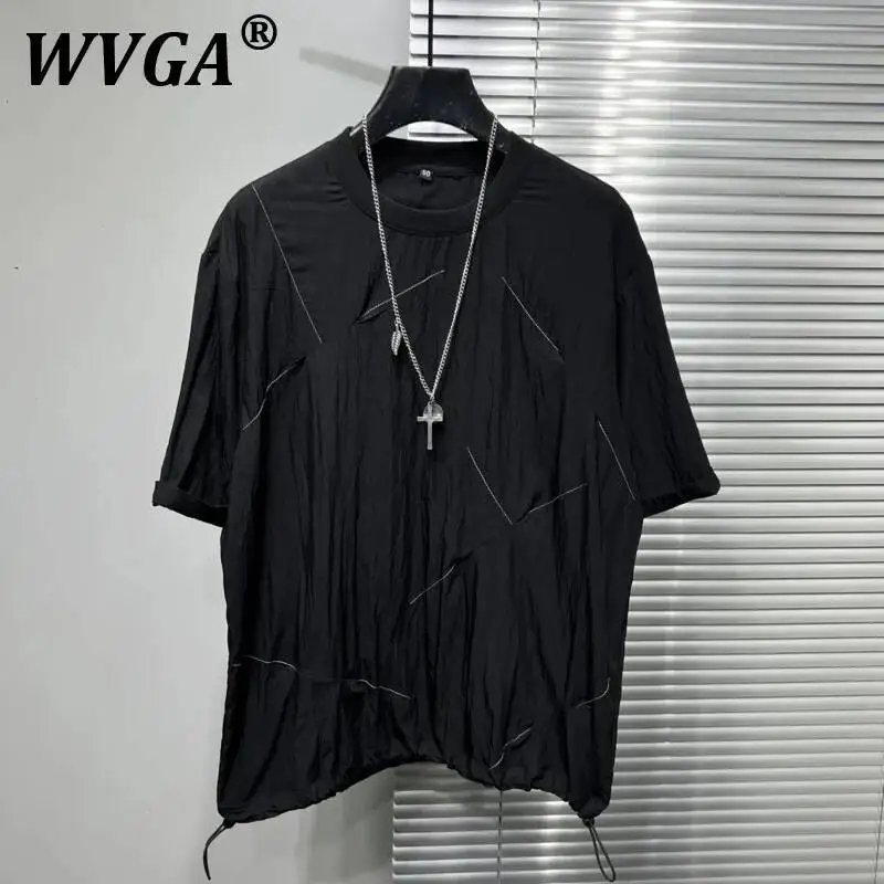

WVGA Spring Summer New Men's Tide High Street Patchwork Line Trendy Cool Short Sleeve T-shirt Niche Loose Chic Casual Tops W8093