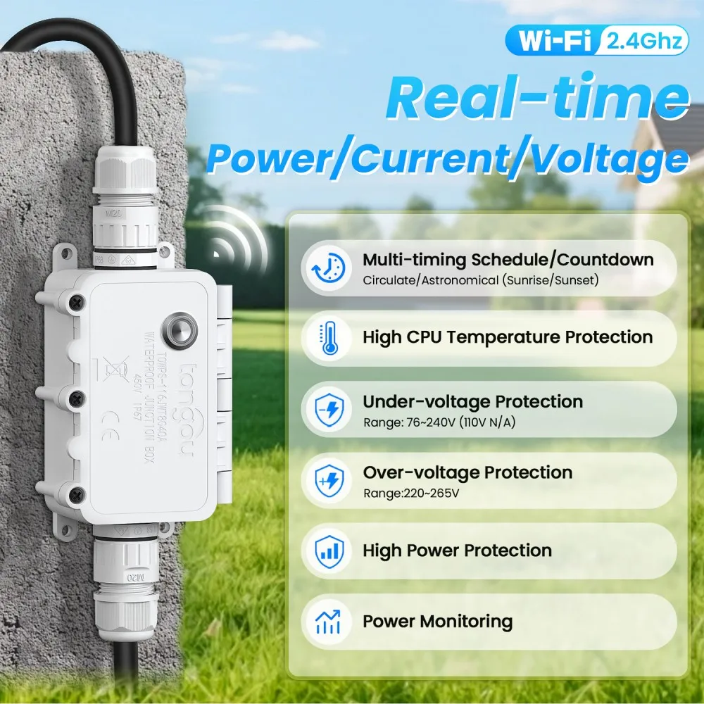 Tuya WiFi مفتاح ذكي IP67 صندوق وصلات مقاوم للماء مراقبة الطاقة 1-16A مفتاح مؤقت قابل للتعديل الجهد والحماية الحالية