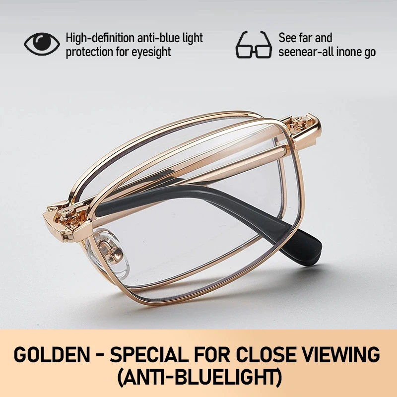 Folding Multifocal Reading Glasses Photochromic Anti Blue Light Glasses Classic Rectangle Metal Compact Portable Reading Glasses