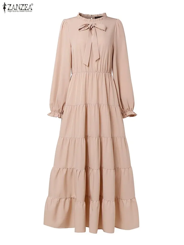 ZANZEA فساتين نسائية أنيقة طويلة متواضعة بفيونكة وتفاصيل مكشكشة وأكمام طويلة متدرجة فستان غير رسمي على شكل حرف a حجاب إسلامي عباية للعيد